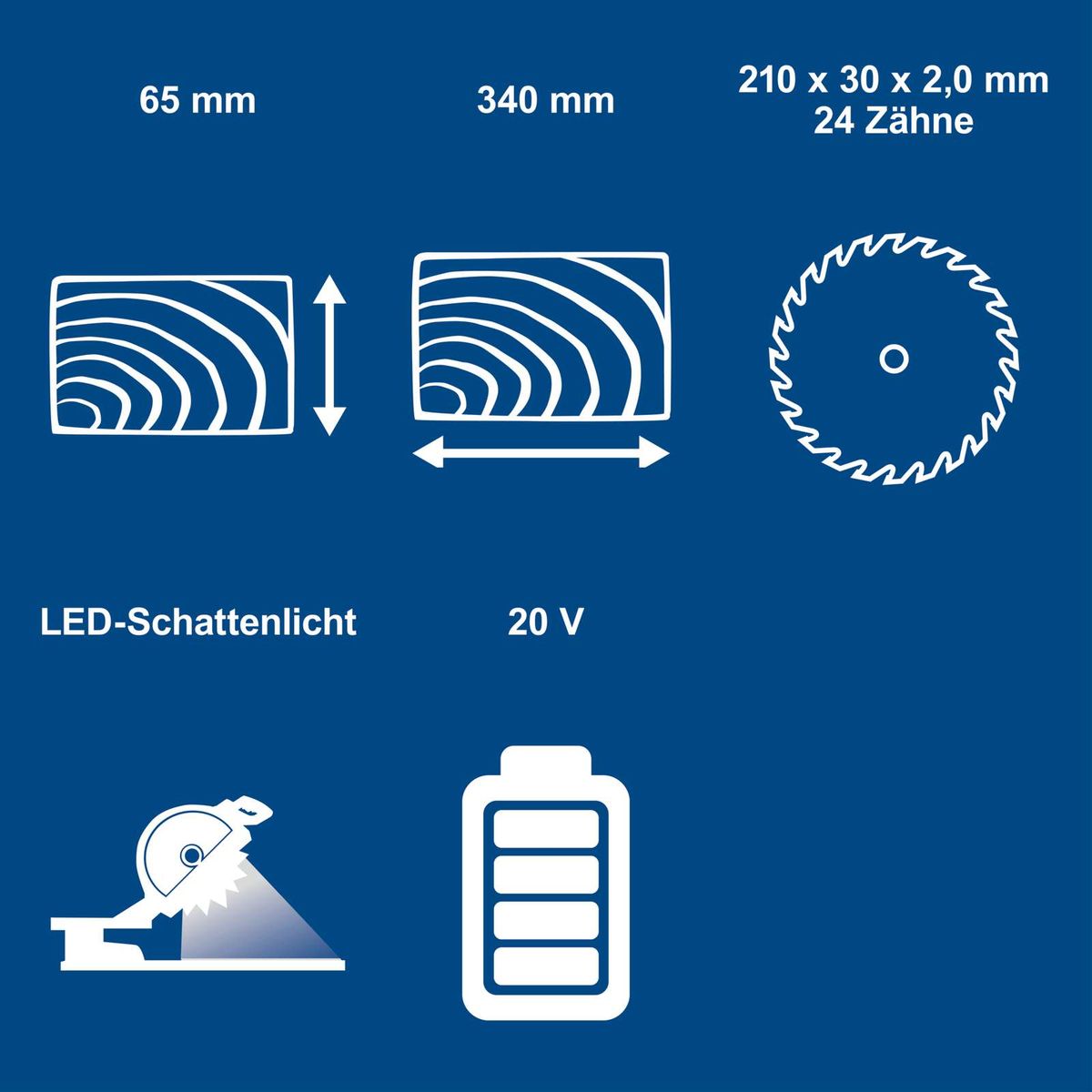 Scheppach Akku-Kapp-, Zug- und Gehrungssäge mit LED-Schattenlicht, 20 V, 24 Zähne, Akku und Ladegerät (Detaillierte Maße und Technische Daten)