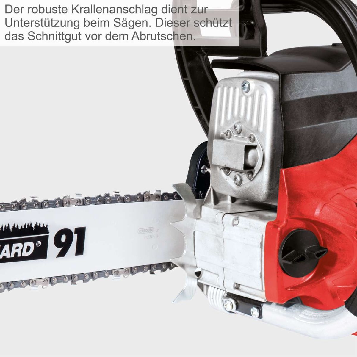 Die robuste Krallenanschlag dient zur Unterstützung beim Sägen. Dieser schützt das Schnittgut vor dem Abrutschen.