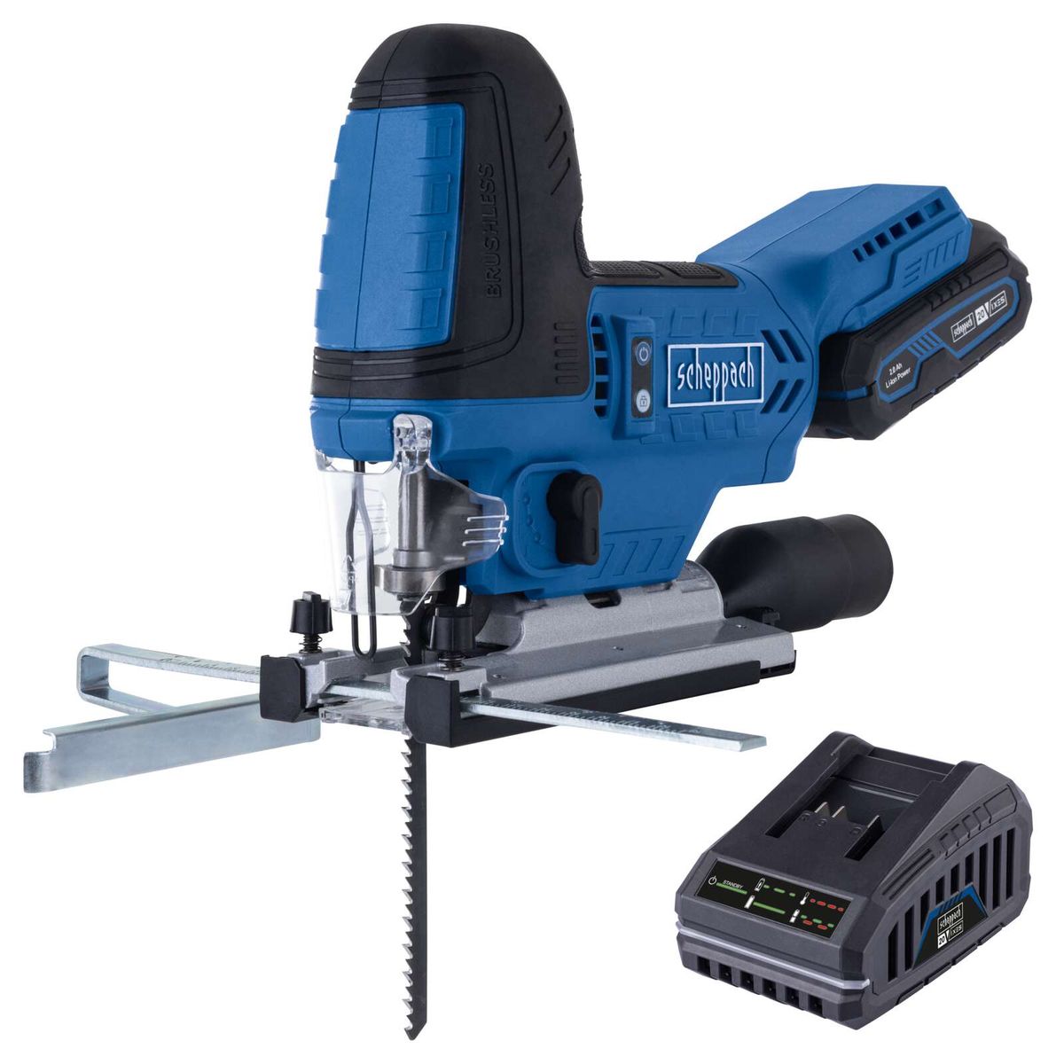Akku-Stichsäge BC-JS254-X von Scheppach. Merkmale: Brushless-Motor, Hublänge 25,4 mm, Hubzahl 1000-3000 min-1, LED-Beleuchtung. Lieferumfang: 2Ah Akku und 2,4A Ladegerät.