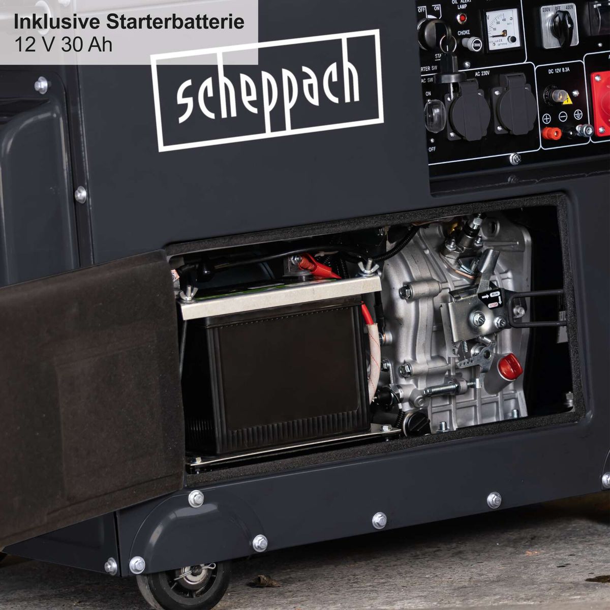 Diesel-Stromiguo für Scheppach mit integriertem 12-Volt-Starterbatterie (30 Ah) und technischen Details zur Stromerzeugung.