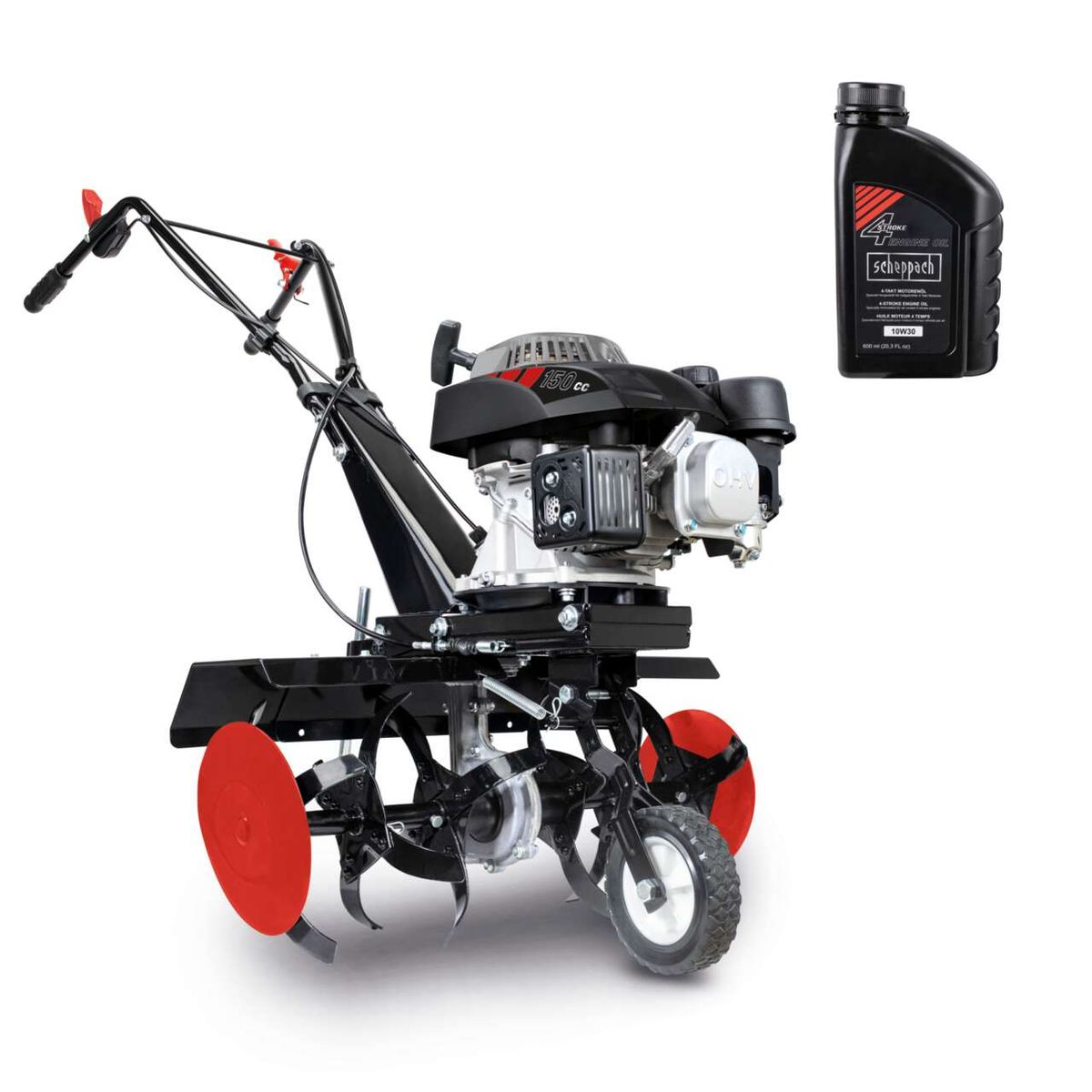 Scheppach-Motorhacke mit Benzinmotor (150 cc), 3,5 PS, 24 Messer, 130 mm Frästiefe und 360/560 mm Fräsbreite