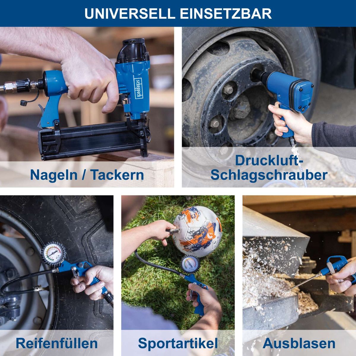 Universal einsetzbare Werkzeuge für Nageln/Tackern, Luftschraubendreher und Kompressor-Anwendungen mit Schlauch und Zubehörset
