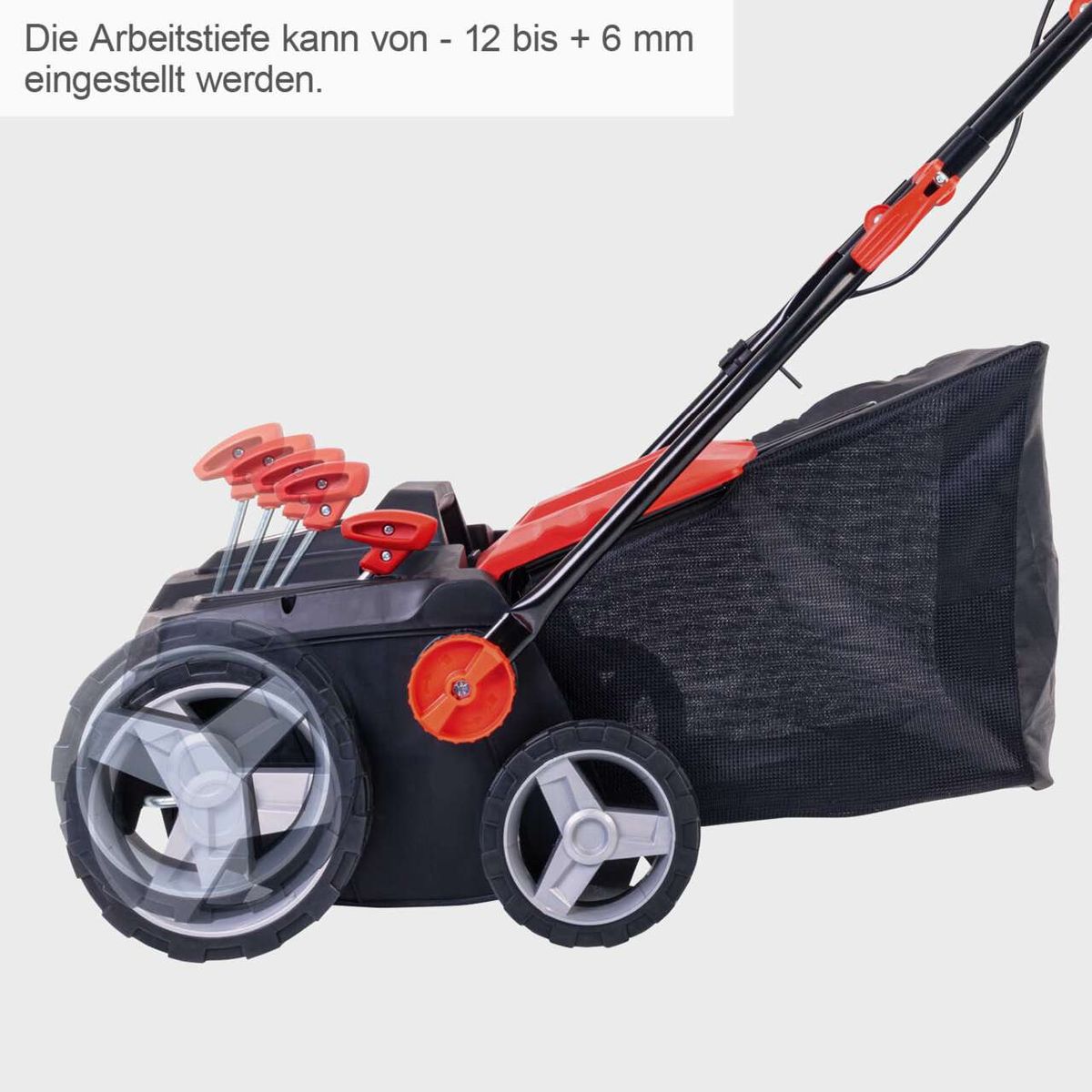 Die Arbeitstiefe der Elektro Kehrmaschine ELS1800 Scheppach kann von -12 bis +6 mm eingestellt werden.