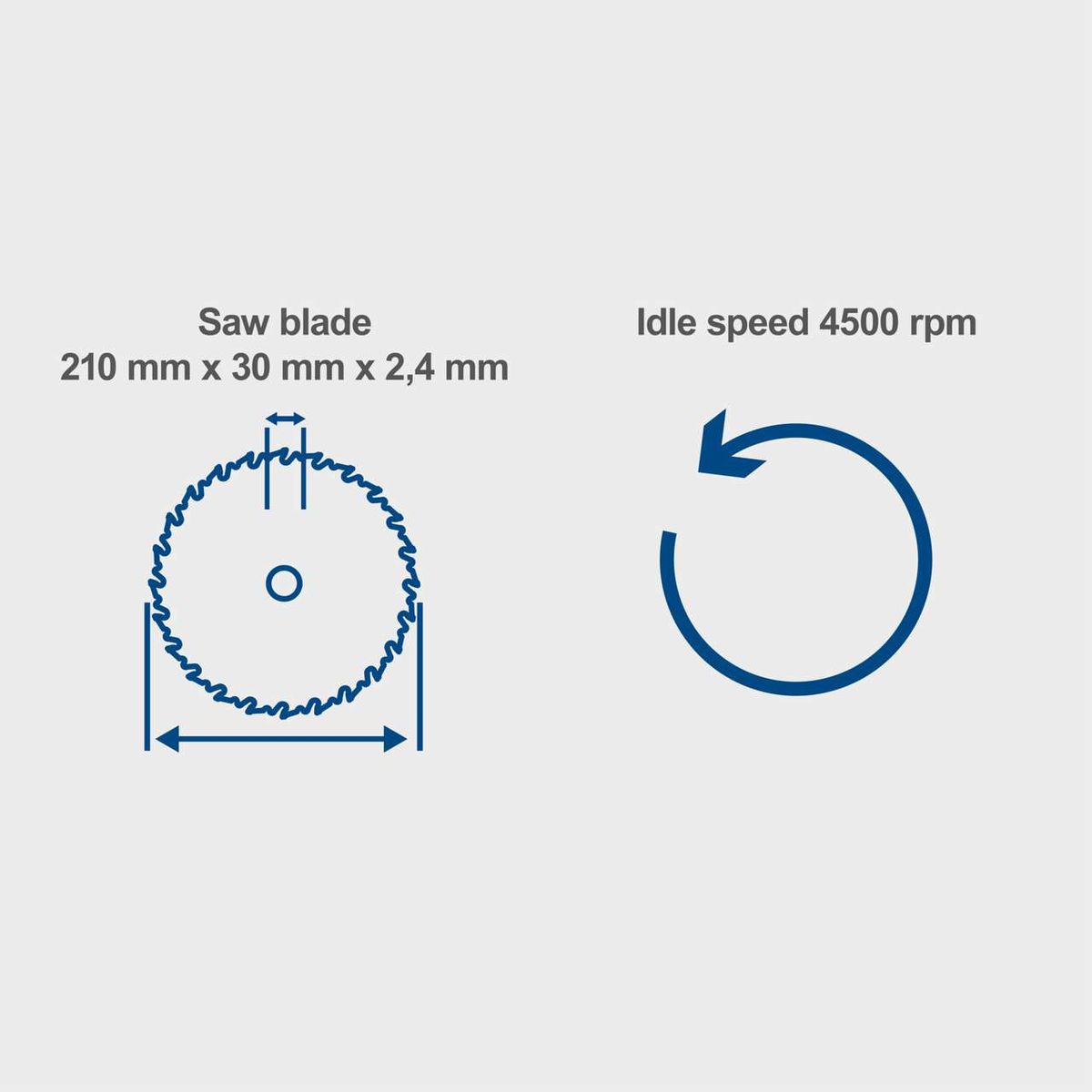 The saw blade measures 210 mm x 30 mm x 2,4 mm. The idle speed is 4500 rpm.