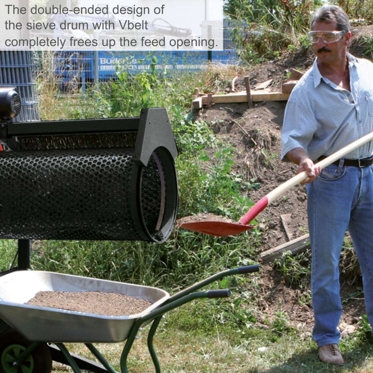 Double-ended sieve drum with V-belt allowing feed opening to remain clear