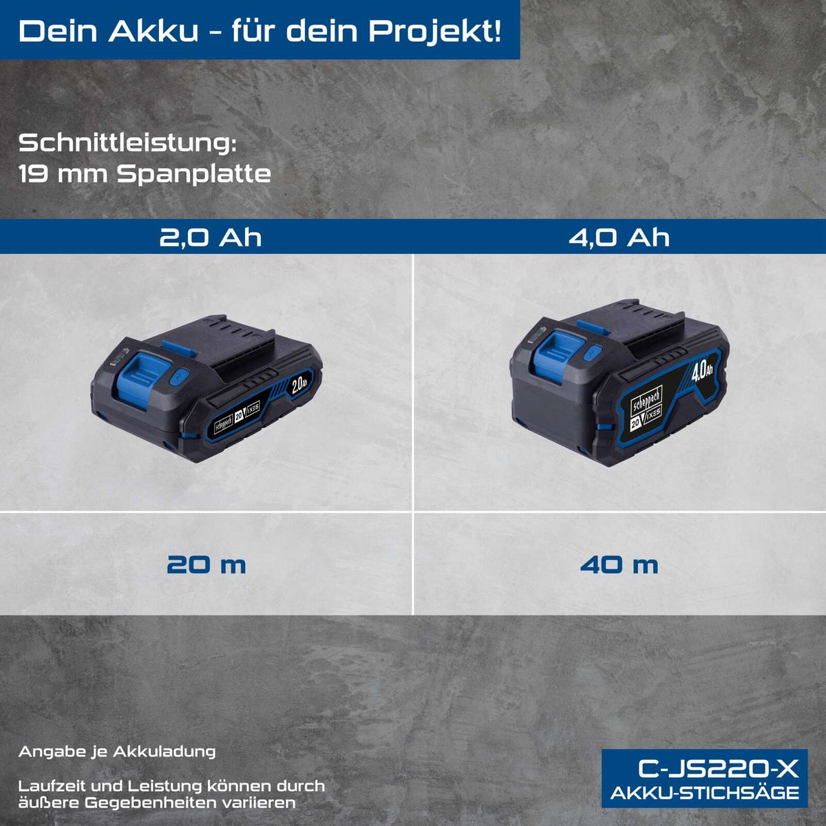 Scheppach Akku-Stichsäge mit Akkuvarianten 20 Ah und 40 Ah, Hubhöhe 19 mm, Laufzeitangaben