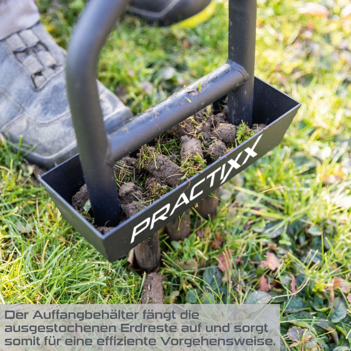 Auffangbehälter für ausgestochene Erdreste mit effizienter Sammelfunktion für Rasenlüfter