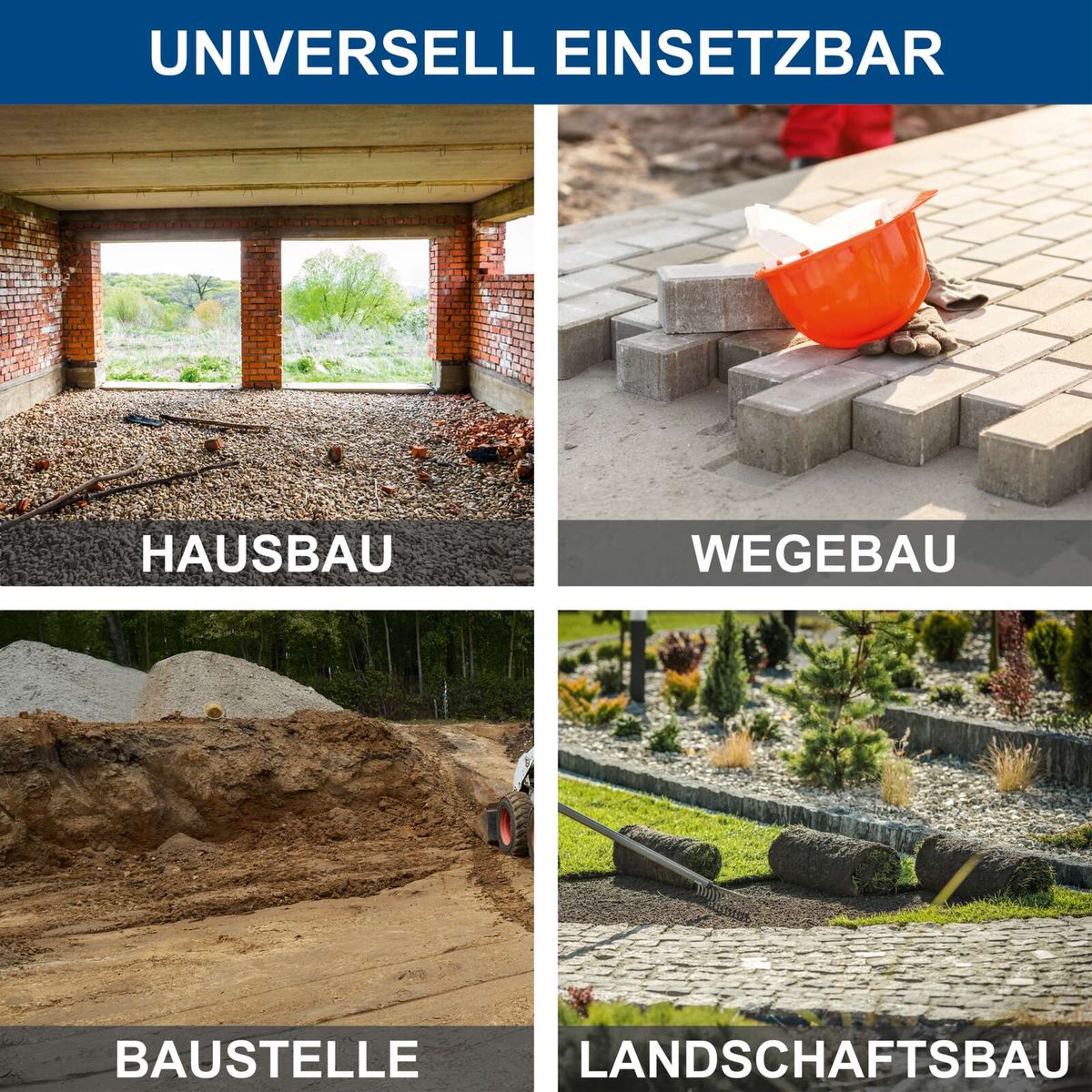 Vibrierende Platte für Bodenverdichtung mit integrierter Fahrvorrichtung und Matte, dargestellt in verschiedenen Bauphasen und Anwendungsbereichen (Hausbau, Straßenbau, Landschaftsbau).