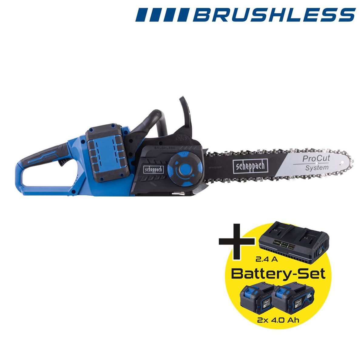Scheppach Akku-Kettensäge mit Brushless-Technologie inkl. 2x 4,0 Ah Akkus und 2,4 A Ladegerät