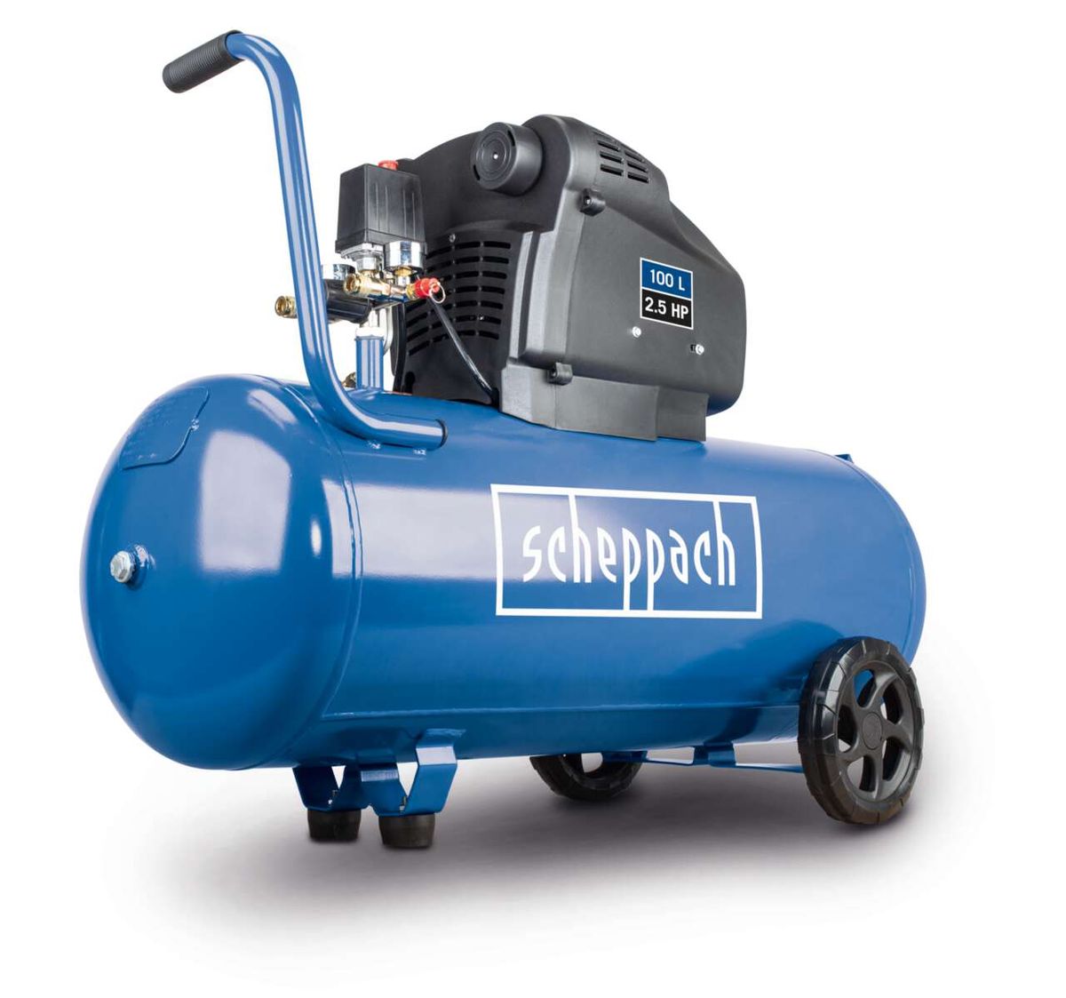 Ein Scheppach Kompressor HC104DC mit 100L und 2,5 PS, von der Seite gezeigt.