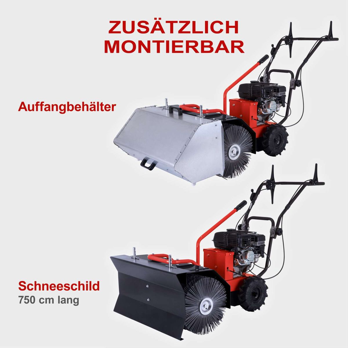Benzinkehrmaschine mit Auffangbehälter und Schneeschild, 750 cm Breite