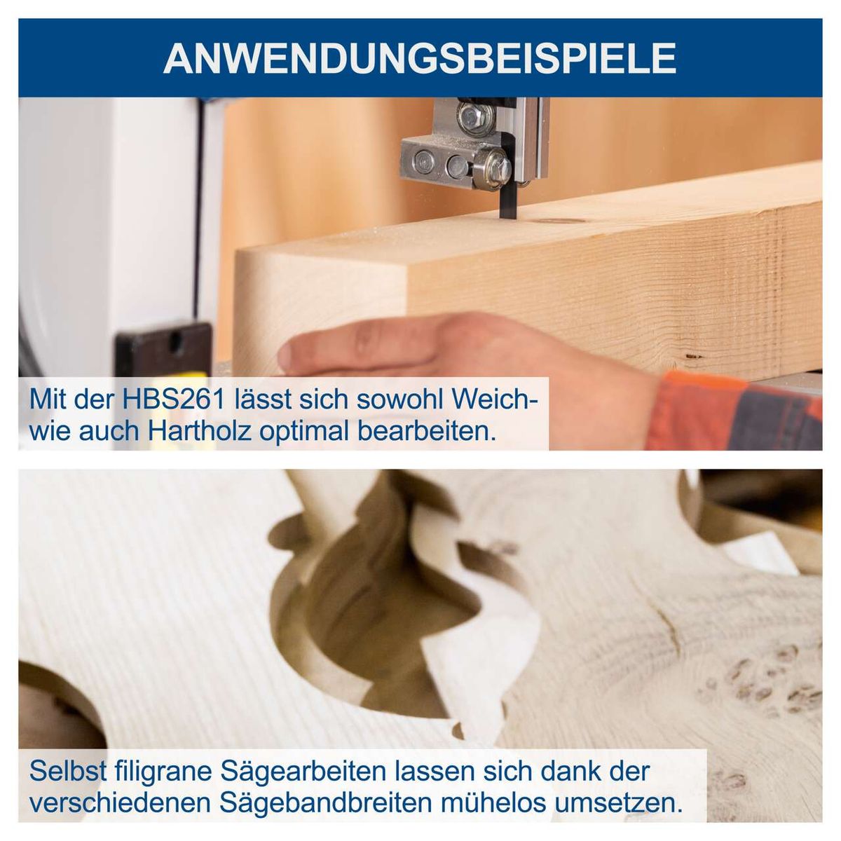 Die Bandsäge HBS261 eignet sich für die Bearbeitung von Weich- und Hartholz. Sie ermöglicht präzise Sägearbeiten dank verschiedener Sägebandbreiten.