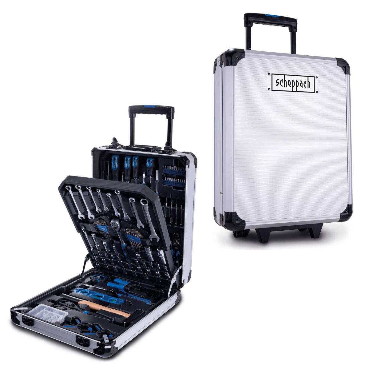 Der Werkzeugkoffer WZT187 von Scheppach enthält eine Vielzahl von Werkzeugen, darunter Schraubenschlüssel, Zangen, Schraubendreher und mehr. Er ist robust und mobil mit Rollen und Griff. Ideal für Heimwerker.