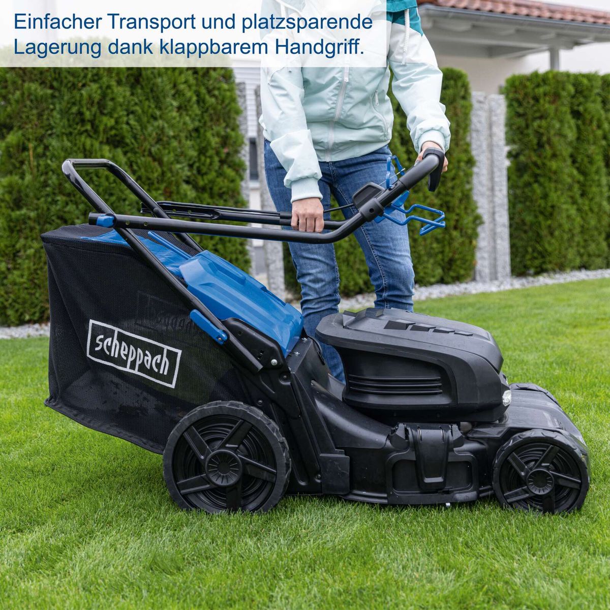 Der Akku Rasenmäher BC-MP470-X von Scheppach bietet einfachen Transport und platzsparende Lagerung dank klappbarem Handgriff.