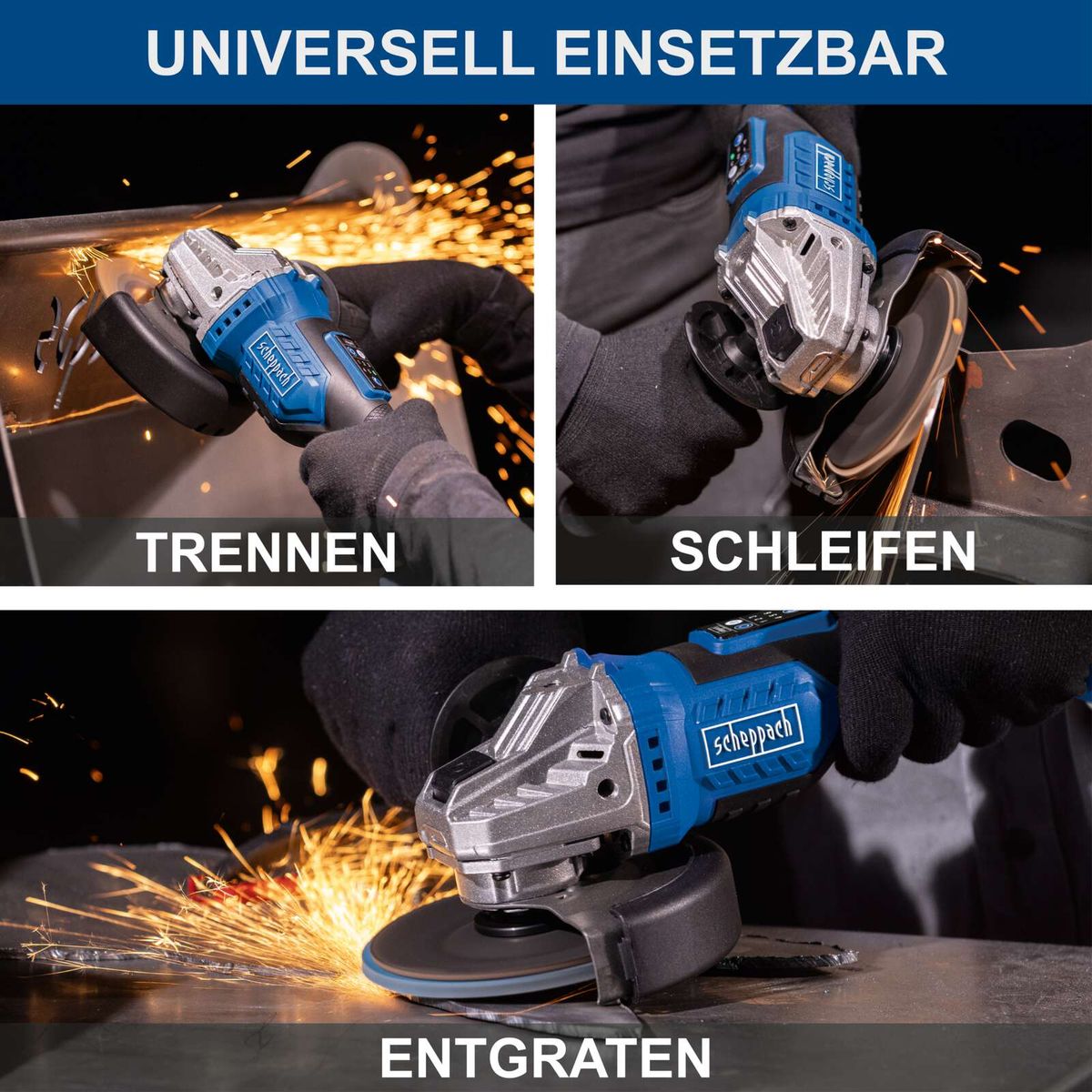 Universal-Werkzeug mit Akku-Winkelschleifer für Trennen, Schleifen und Entgraten