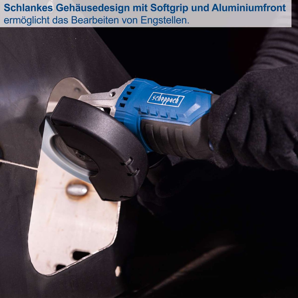 Der Akku-Winkelschleifer C-AG125-X von Scheppach hat ein schlankes Gehäusedesign mit Softgrip und Aluminiumfront, was das Bearbeiten von Engstellen ermöglicht.