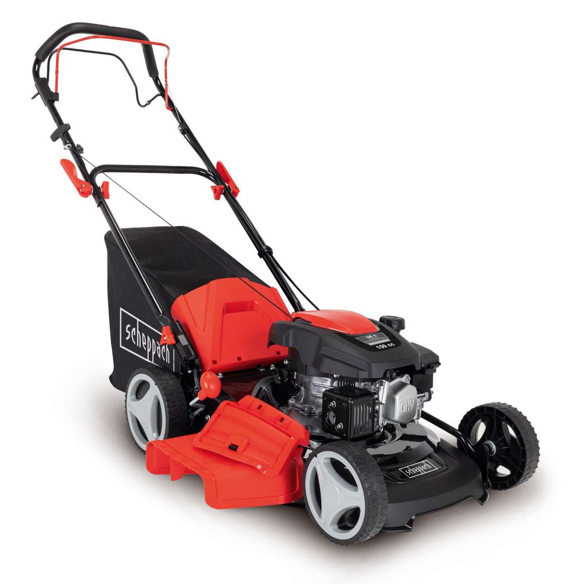 Der Scheppach Rasenmäher MS161-46 mit 4.1PS, 460mm Schneidbreite und 55L Sammelvolumen. Selbstfahrend mit OHV-Motor und 150ccm Hubraum. Gezeigt von der Seite.