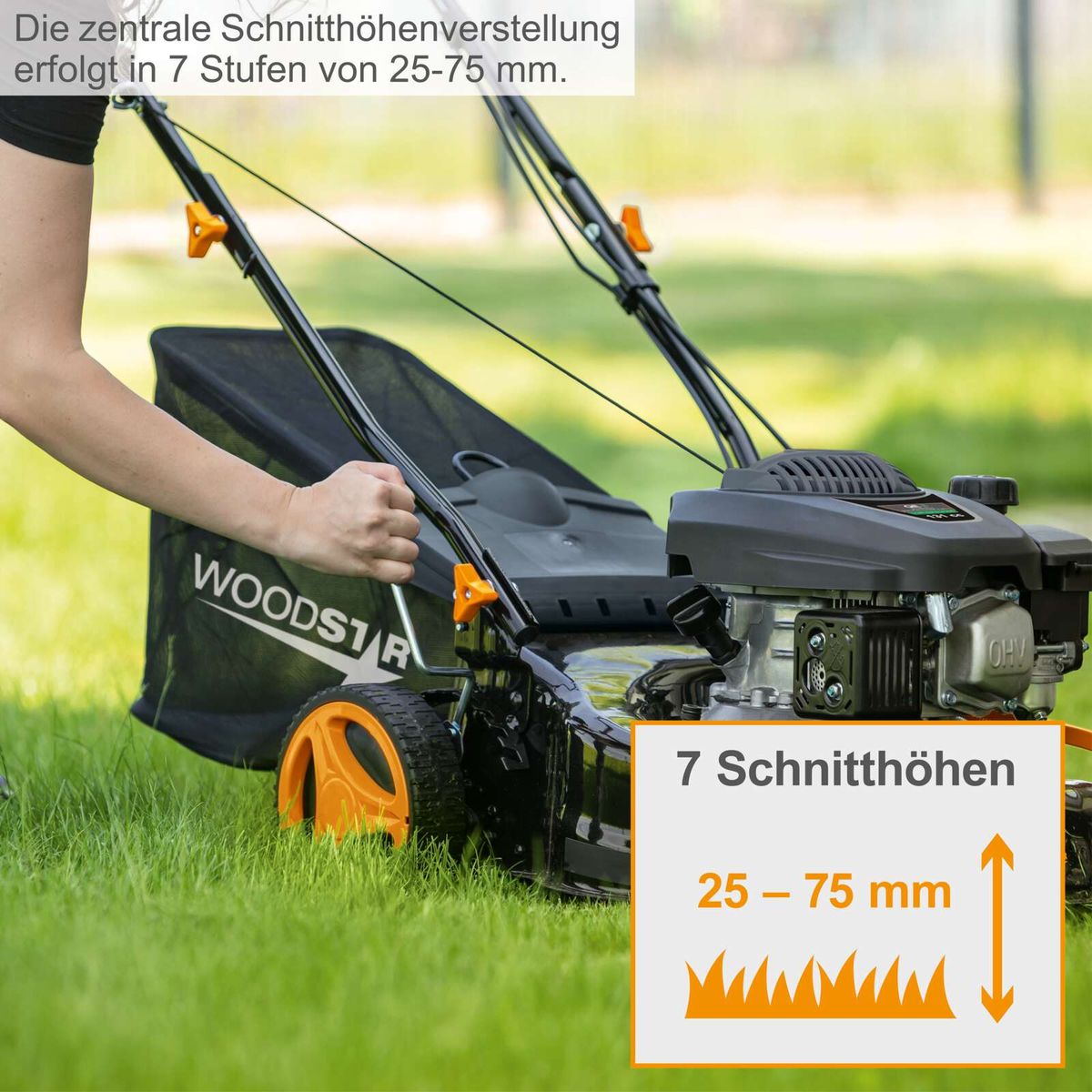 Zentrale Schnitthöhenregelung für Rasenmäher mit 7 Einstellungen zwischen 25 mm und 75 mm