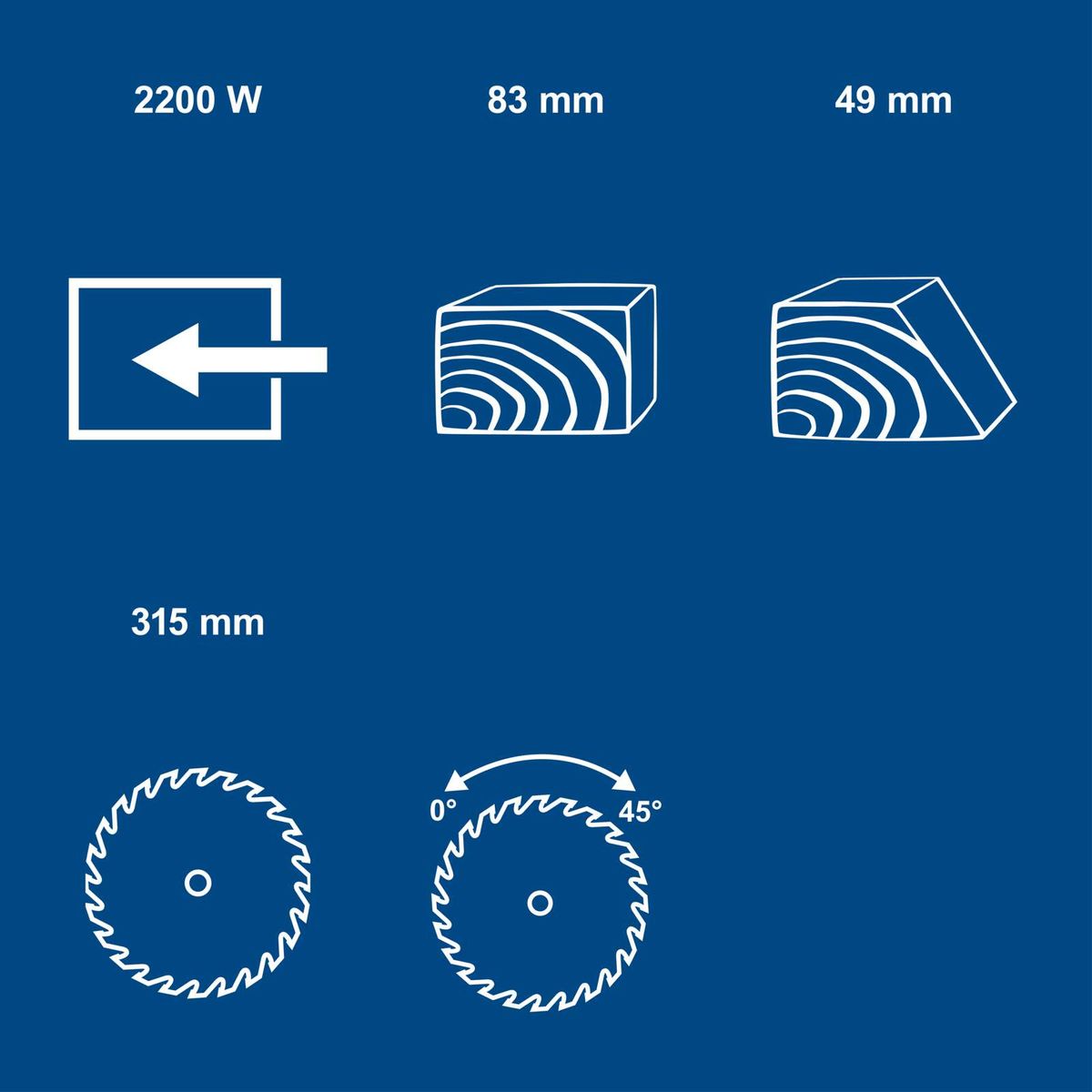 Scheppach Tischkreissäge mit technischen Daten: 2200 W Leistung, 83 mm Schnitthöhe, 49 mm Arbeitsbreite, 315 mm Arbeitslänge, mit Kreissägeblatt (36 Zähne, 0°/45° Neigung)