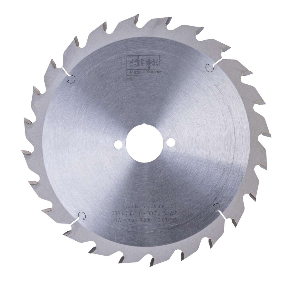 Scheppach Kreissägeblatt, Artikelnummer 53206508, 200 x 30 x 2,8/1,8 mm, 24 Zähne, max. Drehzahl 9.500 U/min.