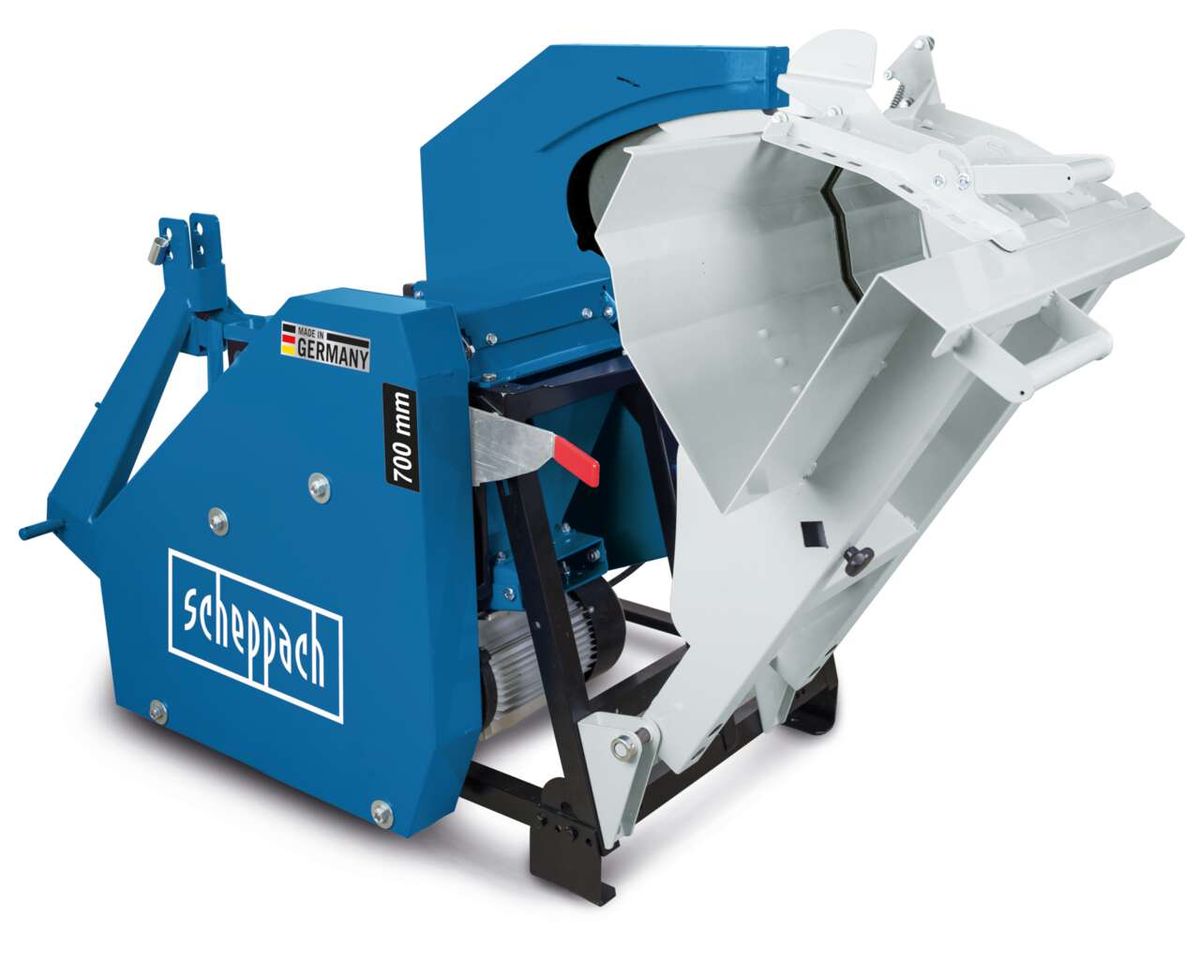 Scheppach-Wippensäge mit 700-mm-Schnittbreite, Motorantrieb und Gelenkwelle