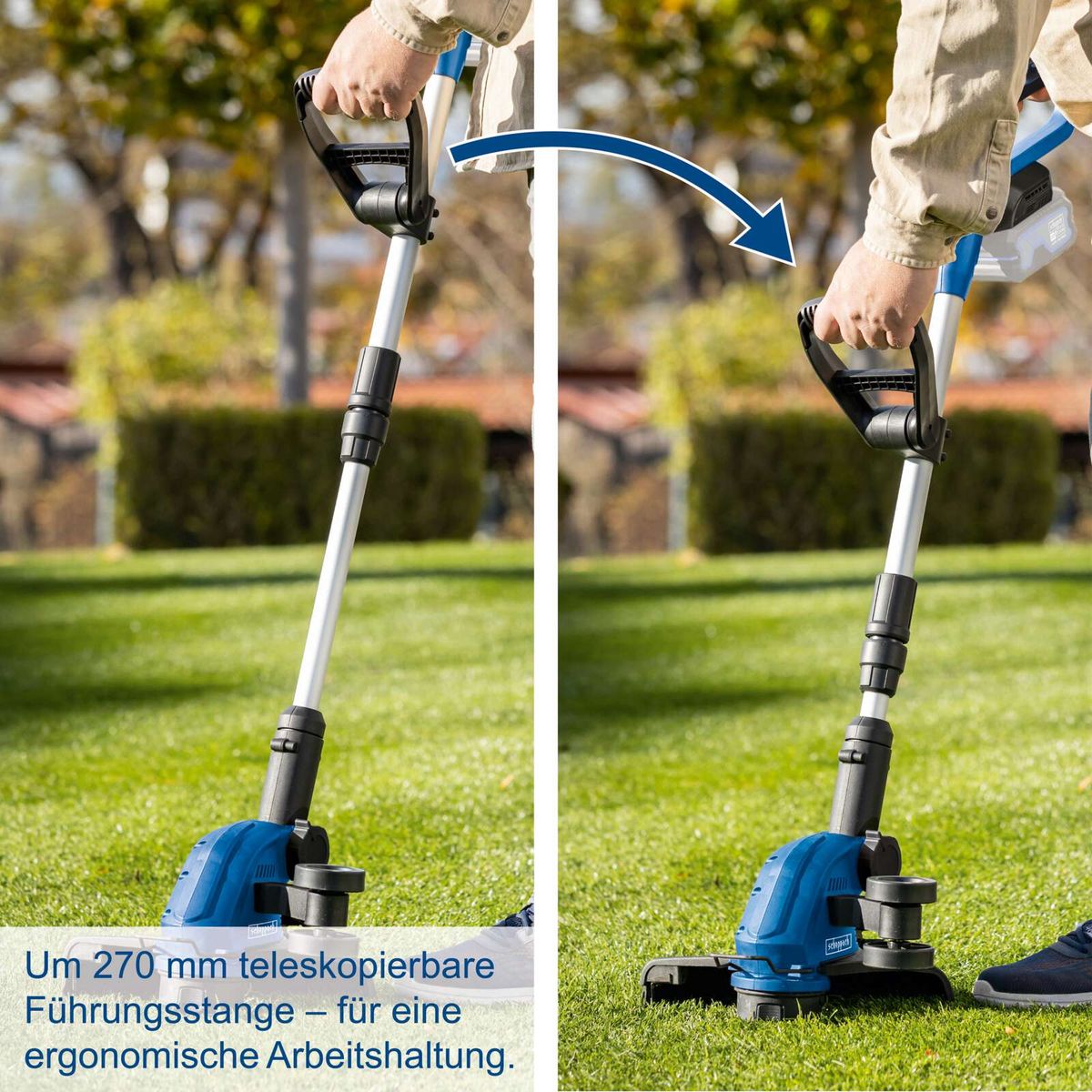 Ergonomische Teleskopführung mit 270 mm Verstellbarkeit für komfortable Arbeitshaltung beim Scheppach Akku-Rasentrimmer.