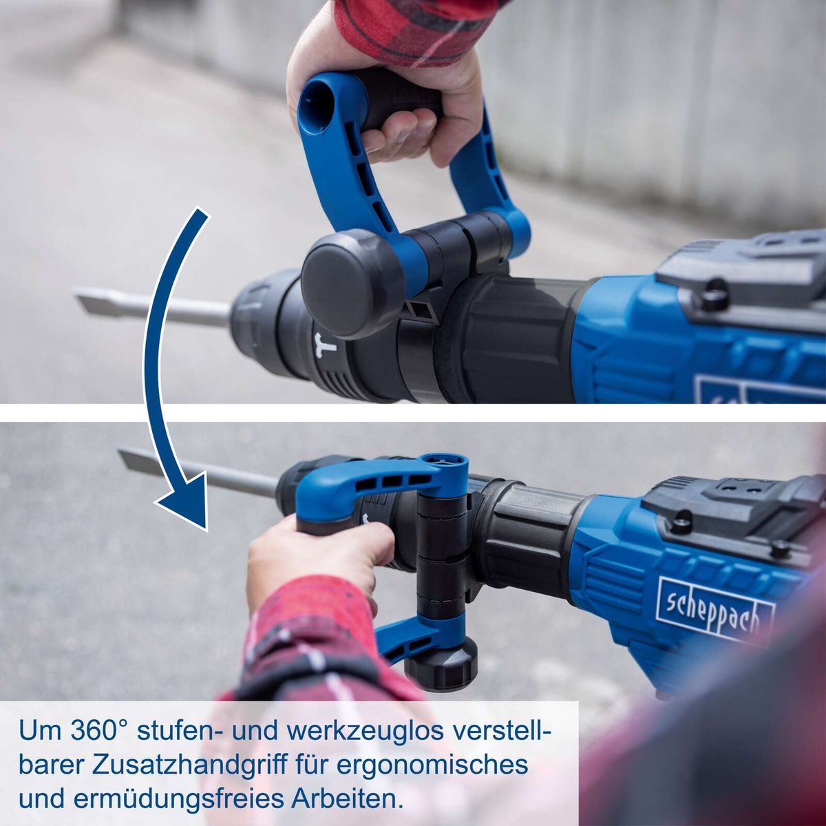 Ergonomischer 360°-Zusatzgriff für bequemes und ermüdungsfreies Arbeiten mit Scheppach-Hammerwerkzeug
