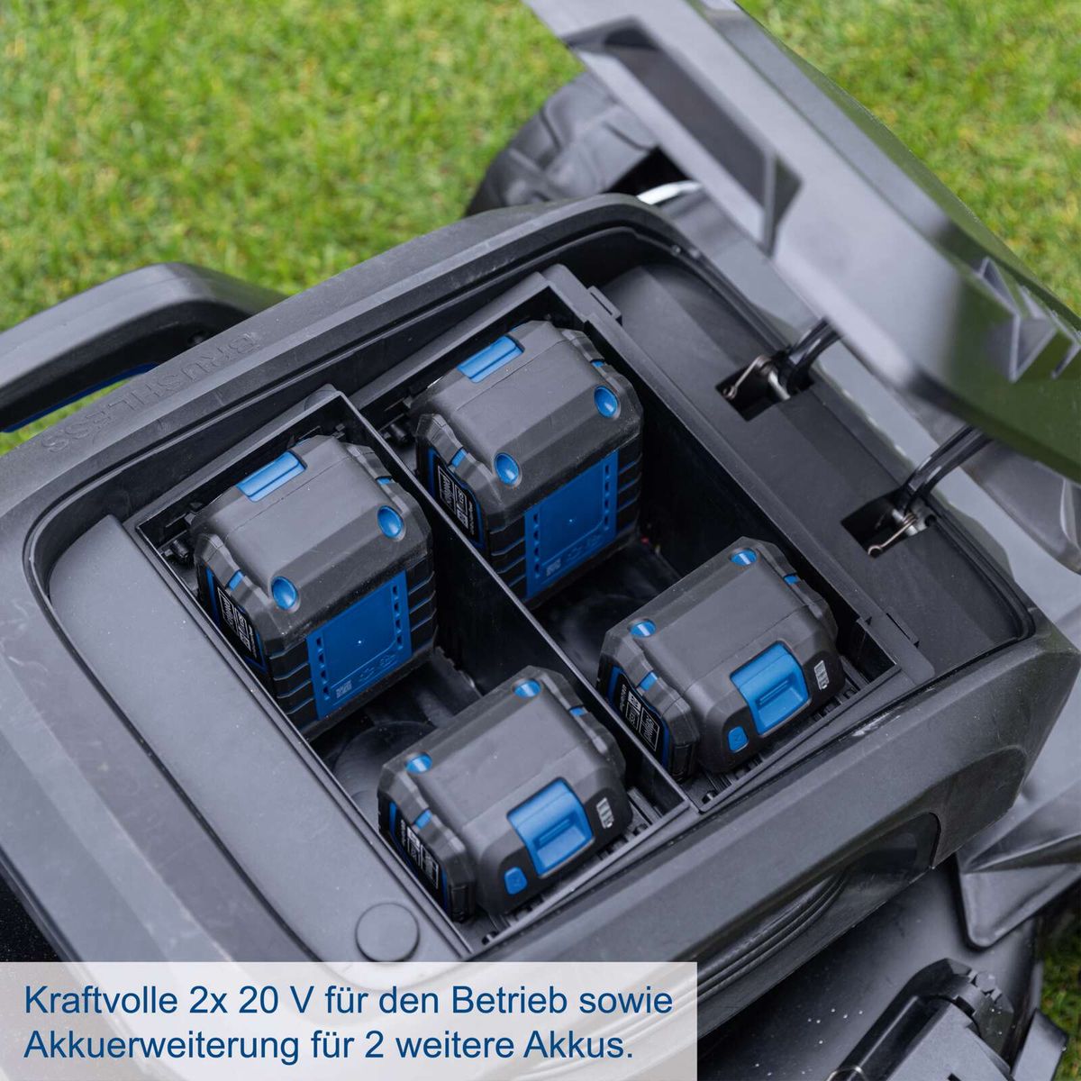 2x 20-V-Akkus für den Betrieb sowie Akku-Erweiterung für zwei zusätzliche Akkus in Akkuhalterung