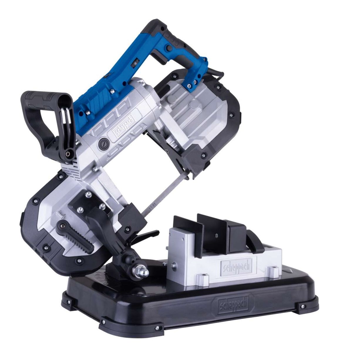 Metallbandsäge MBS1200 von Scheppach, seitliche Ansicht mit Arbeitstisch und LED-Beleuchtung.