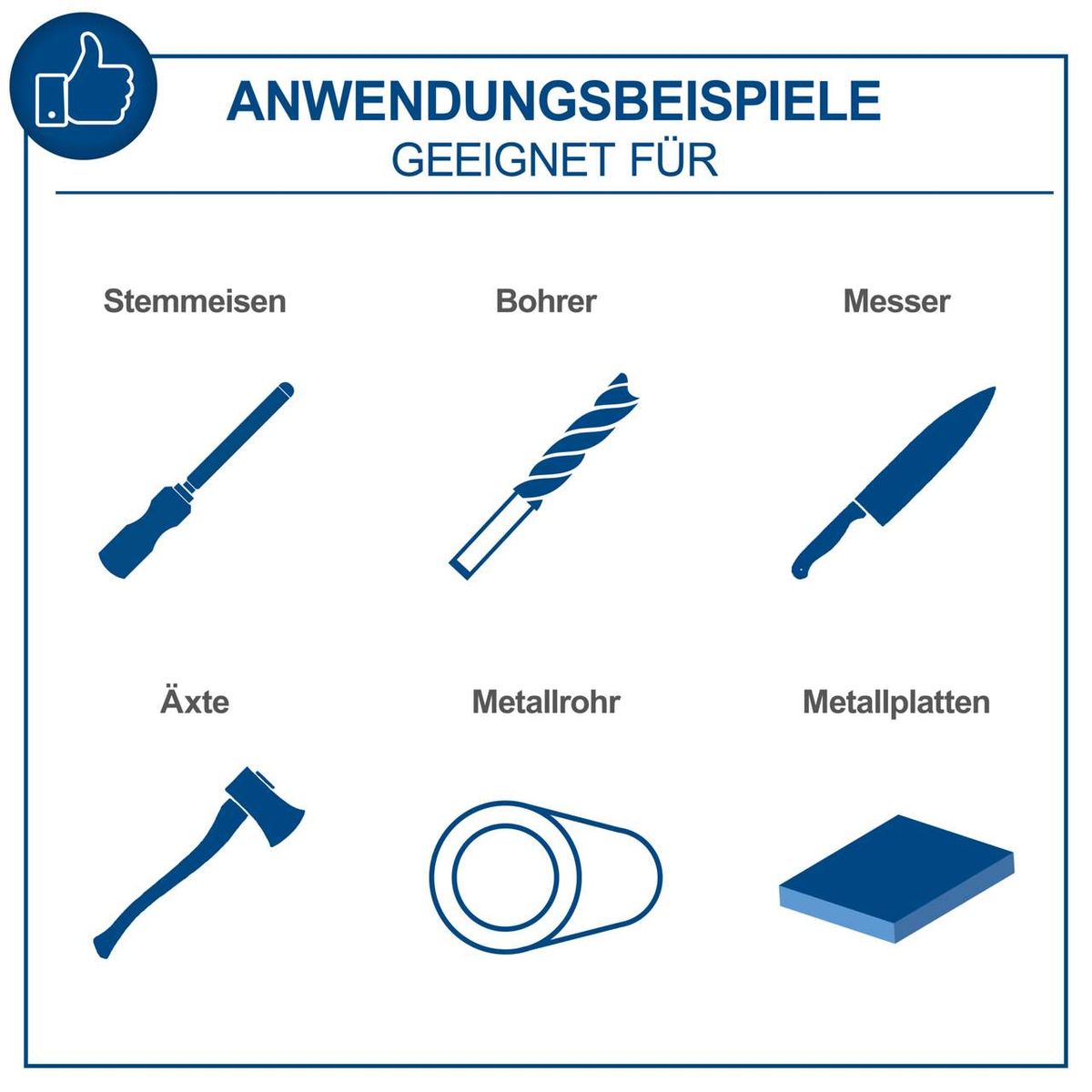 Anwendungsbeispiele für den Doppelschleifer BG200: Geeignet für Stemmeisen, Bohrer, Messer, Äxte, Metallrohre und Metallplatten.
