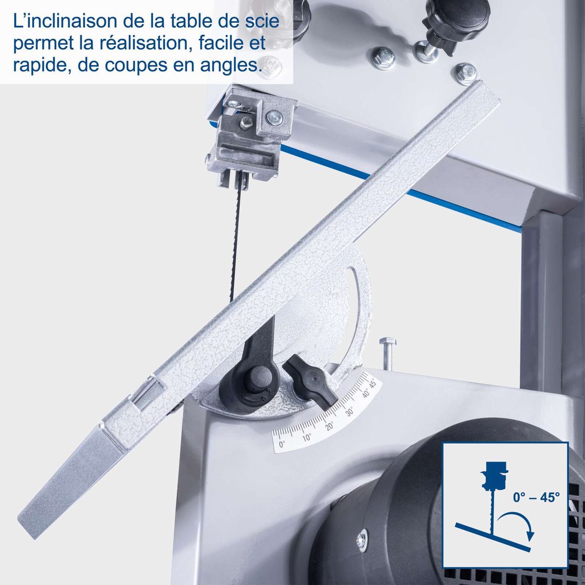 The Scheppach bandsaw HBS25 SE allows for easy and quick angled cuts thanks to the tiltable saw table.