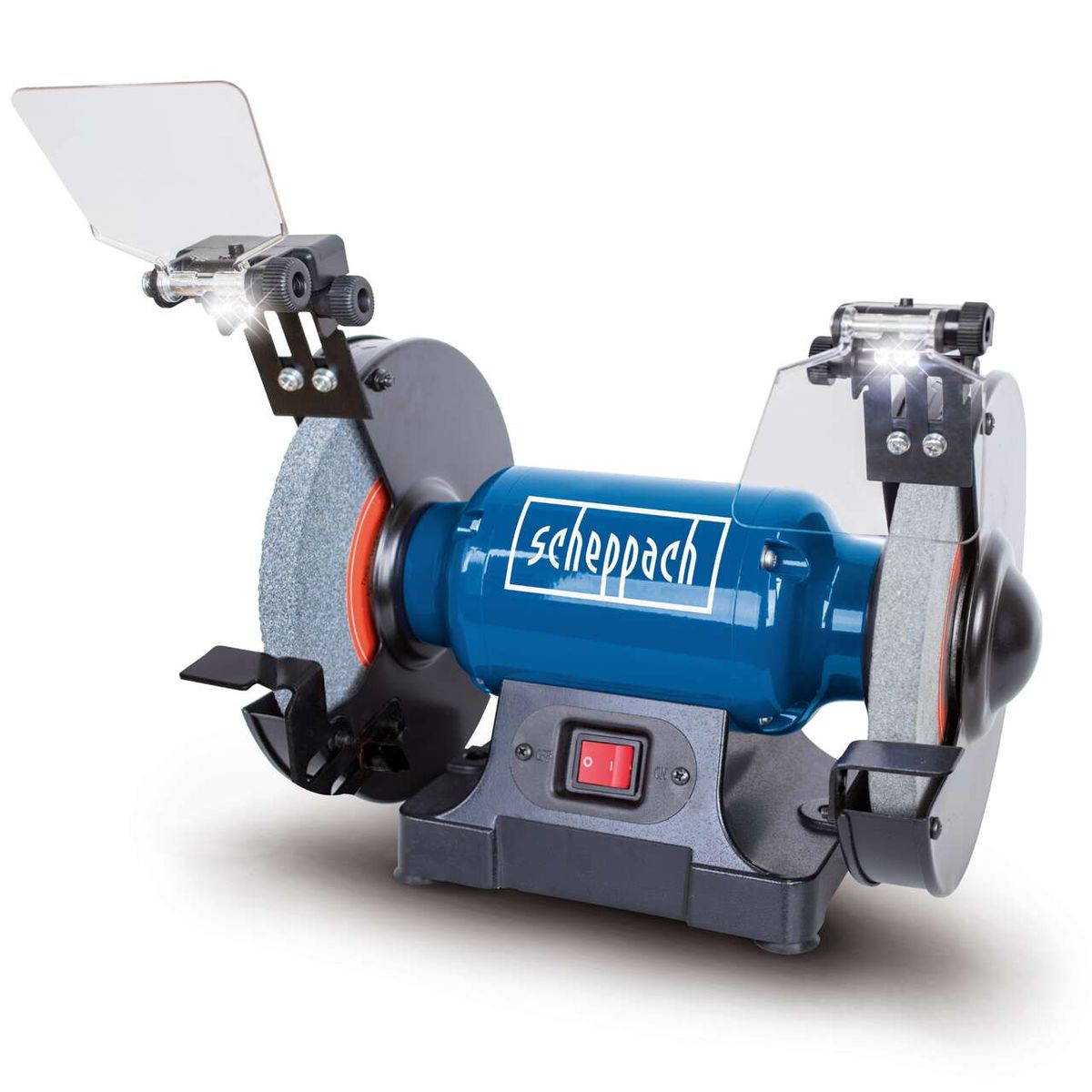 Scheppach Doppelschleifer SM200L mit LED-Beleuchtung. Die Maschine wird von vorne gezeigt. Sie verfügt über zwei Schleifscheiben und einen Ein-/Ausschalter.