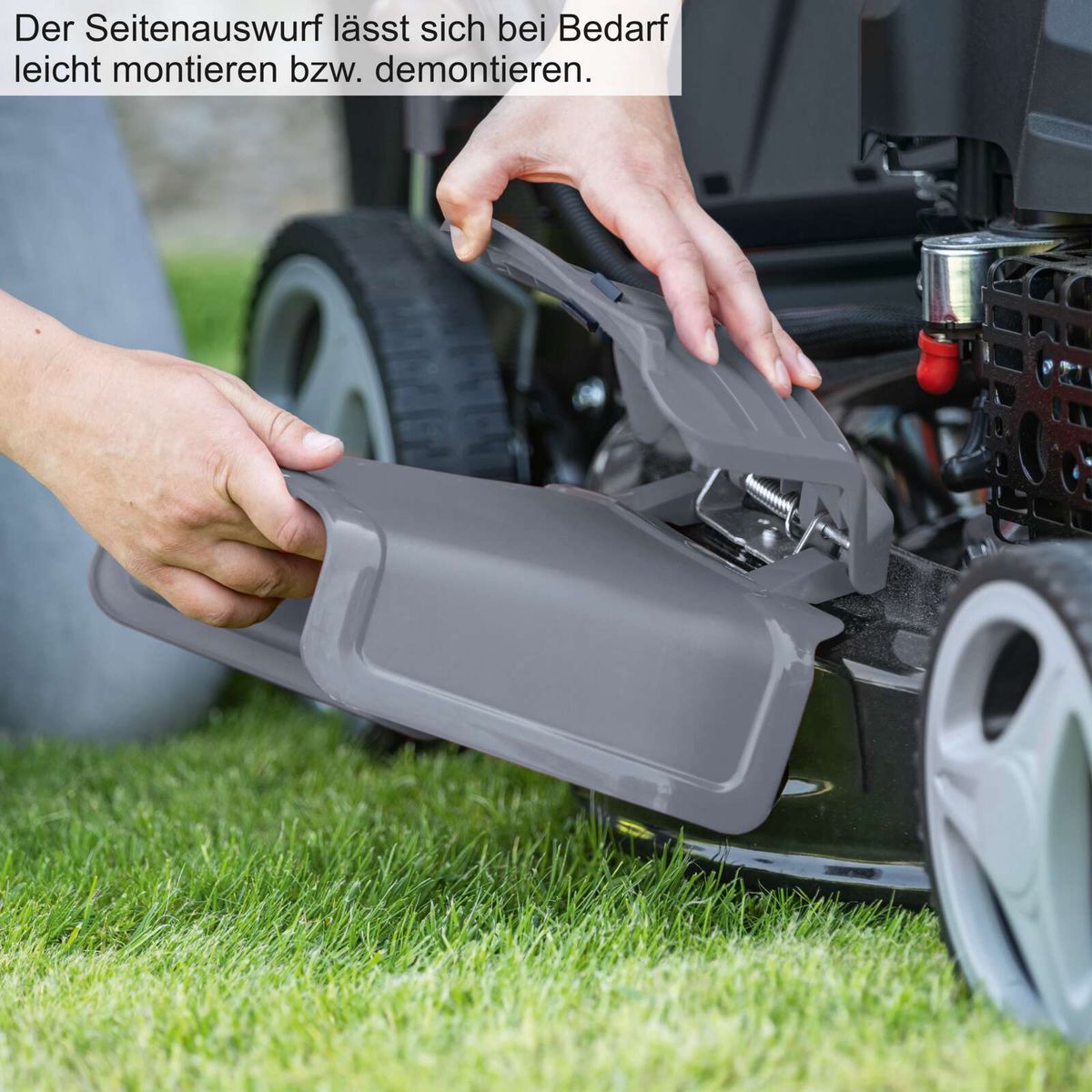 Der Seitenauswurf des Scheppach Rasenmähers lässt sich bei Bedarf leicht montieren bzw. demontieren. Diese Funktion ermöglicht eine einfache Anpassung des Mähers an verschiedene Anforderungen und Arbeitsbedingungen.