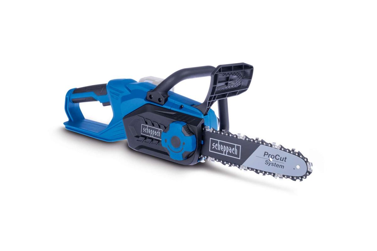 Akku-Kettensäge C-CS254-X von Scheppach, ProCut System, seitliche Ansicht.