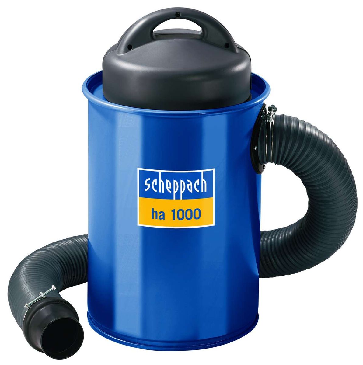 Scheppach Absauganlage ha 1000, klassisches Design mit Schlauchanschluss, Ansicht von der Seite.