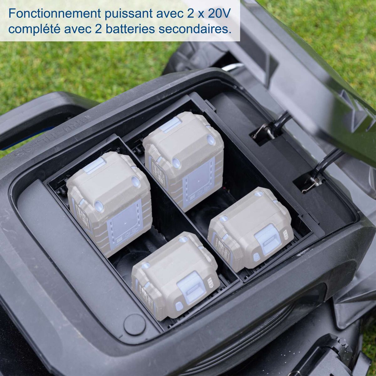 The battery-powered lawnmower BC-MP470-X by Scheppach operates with two 20V batteries and is equipped with two secondary batteries.