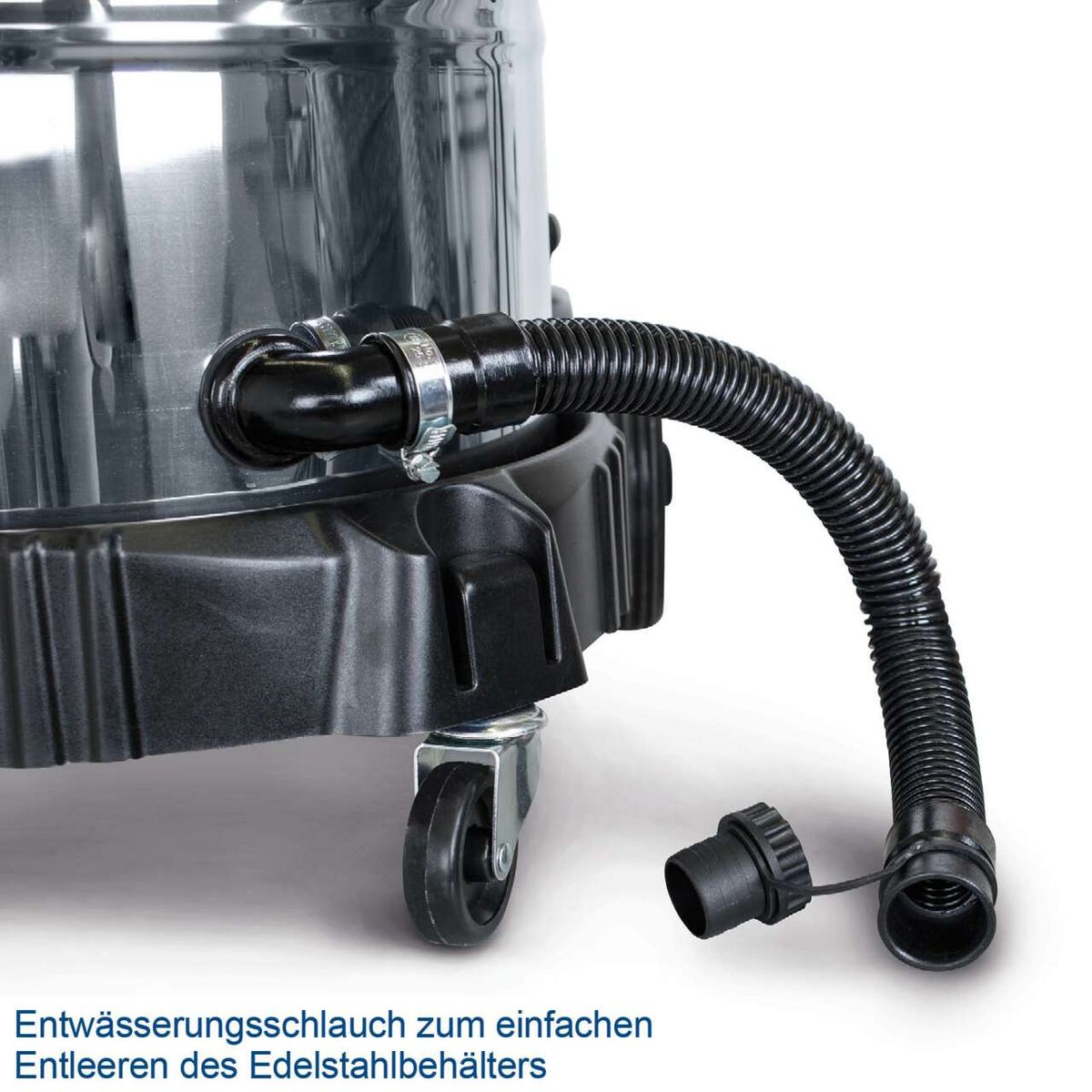 Entwässerungsschlauch zum einfachen Entleeren des Edelstahlbehälters. Ideal für den Scheppach Nass- und Trockensauger ASP50-ES.