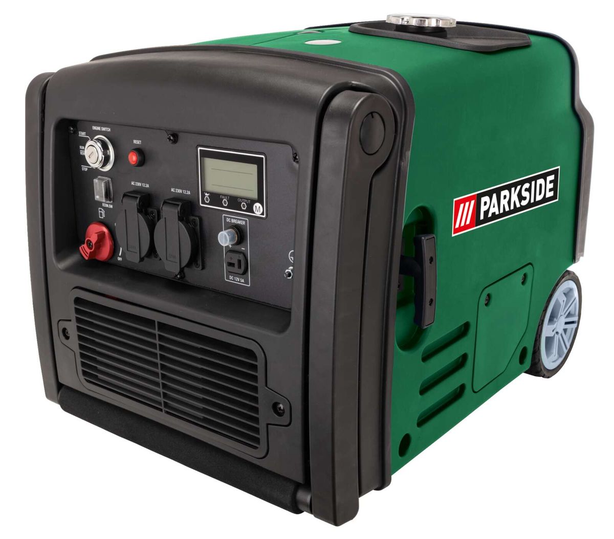 Scheppach Generator mit digitalem Display und verschiedenen Anschlüssen. Grüner und schwarzer Generator mit Griff und Rädern für einfache Mobilität.