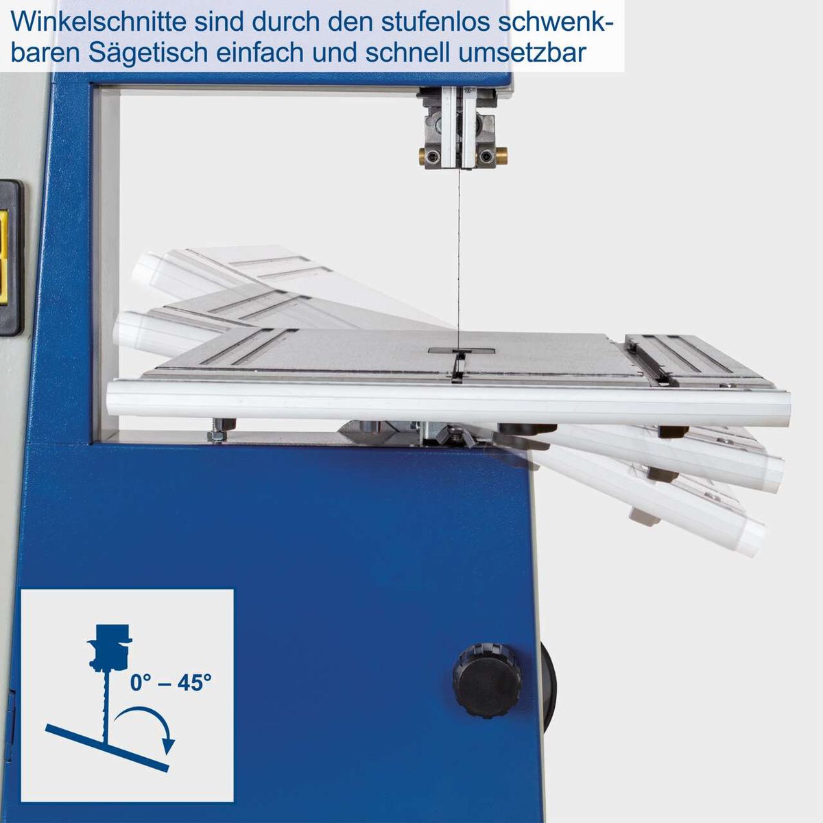Die Bandsäge Basa1 von Scheppach ermöglicht stufenloses Schwenken des Sägetischs für einfache und schnelle Winkelschnitte zwischen 0° und 45°.
