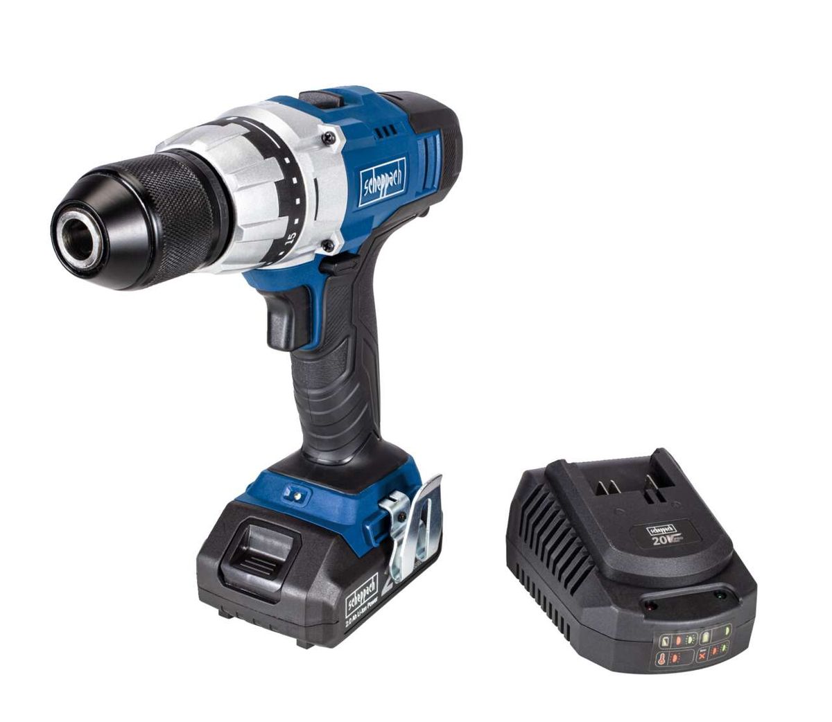 Scheppach Akku-Bohrschrauber CDD45-20ProS mit Akku und Ladegerät. Der Bohrschrauber ist von vorne gezeigt.