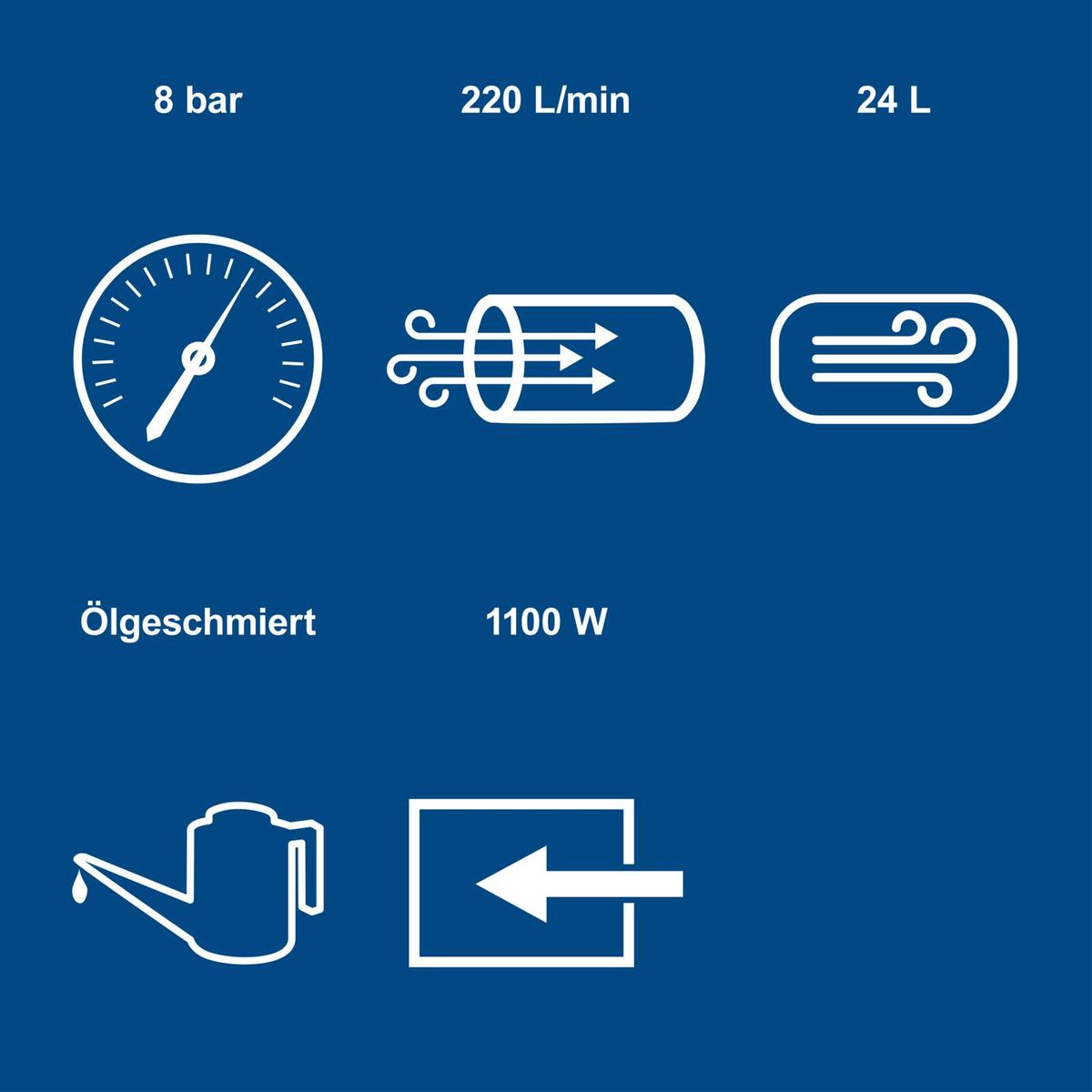 Technische Datenblatt für Kompressor mit 8 bar Druck, 220 Liter/Minute, 24 Liter Volumen, Ölgeschmiert, 1100 Watt Leistung und Luftabwärtsrichtung