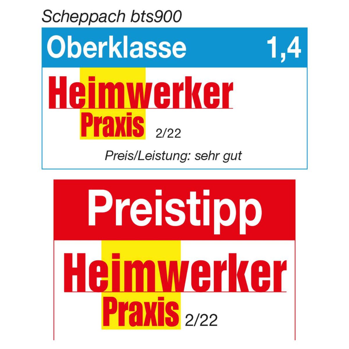 Werbebanner für Scheppach-Bandschleifer BTS900 mit Oberklasse-Bewertung 1,4 und 'Heimwerker Praxis' als Preis-Leistungs-Tipp