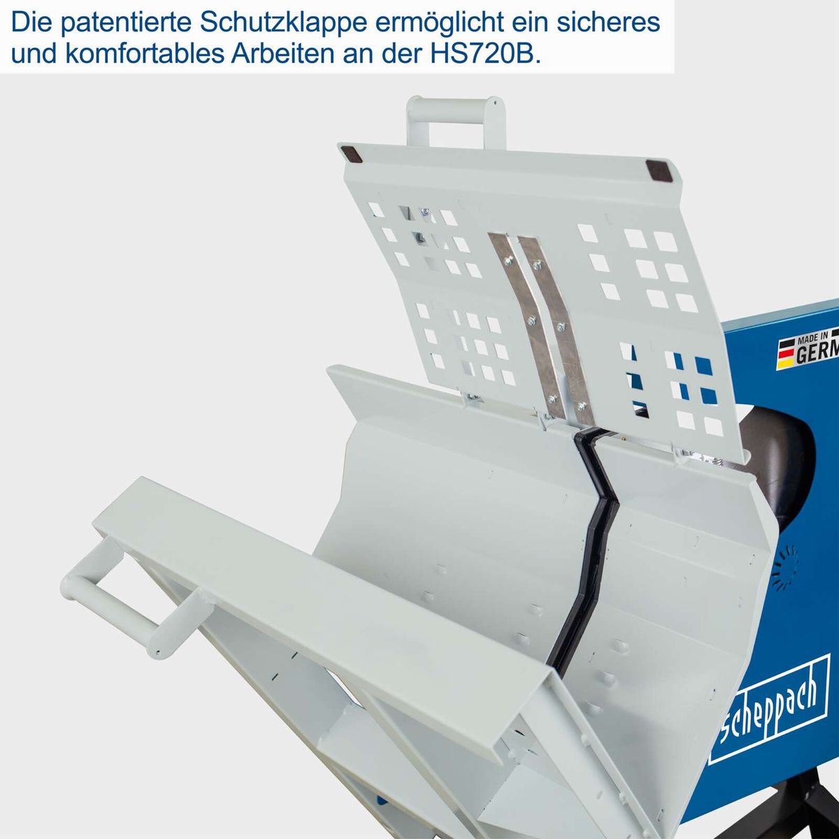Patentierte Schutzklappe für sicheres Arbeiten an der Scheppach-Wippkreissäge HS720B