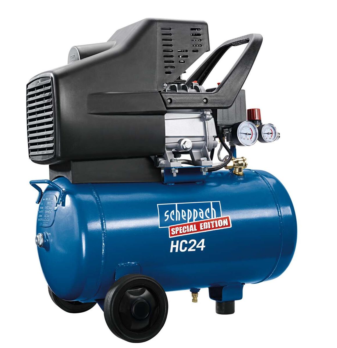 Kompressor HC24 von Scheppach, Special Edition, 24-Liter-Tank, seitliche Ansicht.