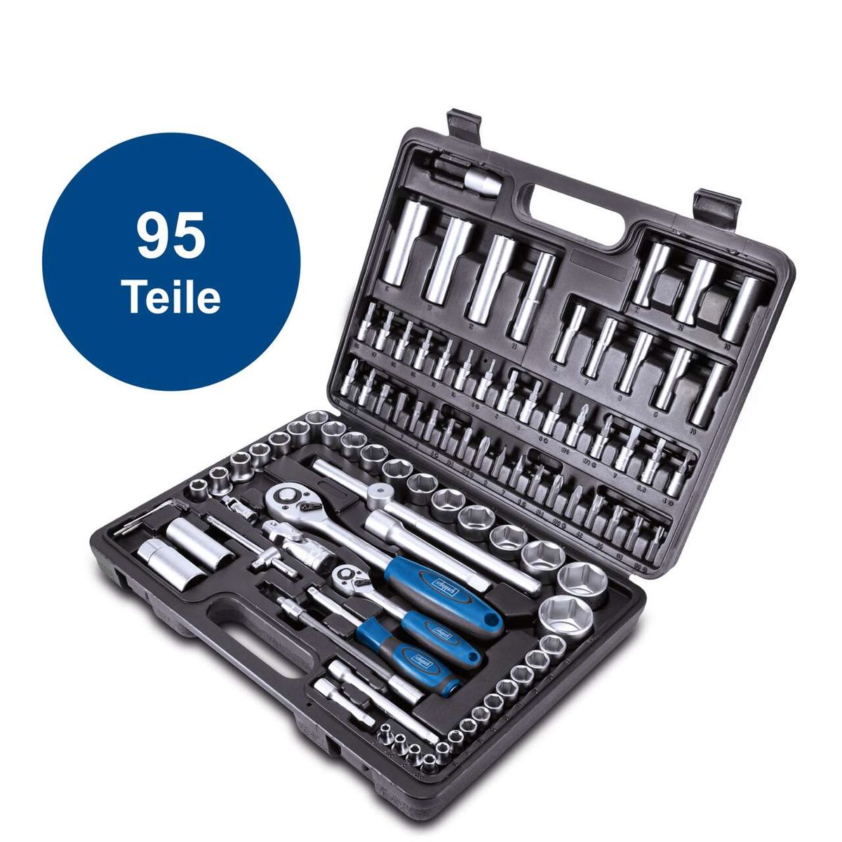 Werkzeugkoffer TB94 von Scheppach mit 95 Teilen. Enthält verschiedene Stecknüsse, Ratschenschlüssel und Spezialwerkzeuge. Ideal für Heimwerker und Profis.