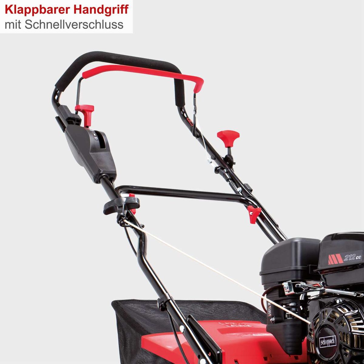 Der Benzin Vertikutierer SC50Vario Scheppach verfügt über einen klappbaren Handgriff mit Schnellverschluss für einfache Handhabung und Lagerung.