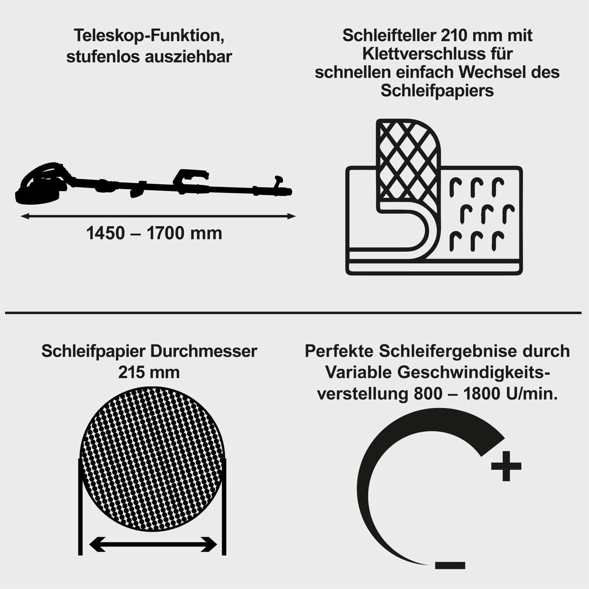 Wand-Deckenschleifer mit teleskopierbarem Schlauch (1450–1700 mm), Schnellwechselsattel für Schleifpapier (210 mm) und variabler Geschwindigkeit (800–1800 U/min)