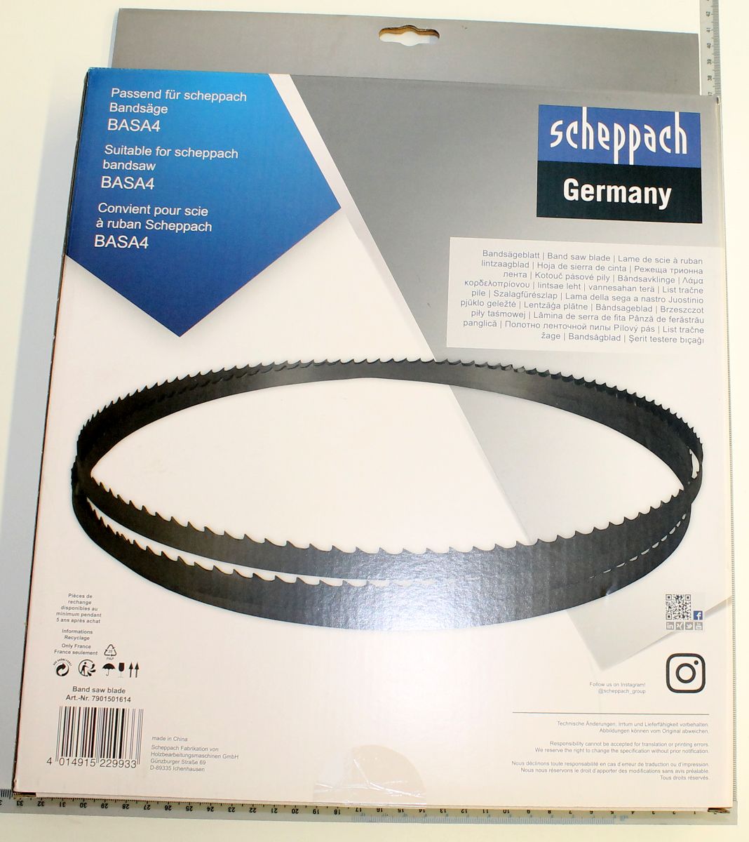 Scheppach-Bandschneidblatt (Art.-Nr. 7901501614) mit Beschriftung in mehreren Sprachen