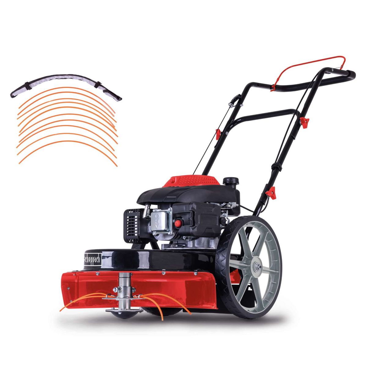 Der Scheppach Wiesenmäher HMP161-56 mit 56 cm Schnittbreite, 40-95 mm Schnitthöhe und 800 m²/h Flächenleistung. Inklusive 10 Ersatzfäden. Gezeigt von der Seite.