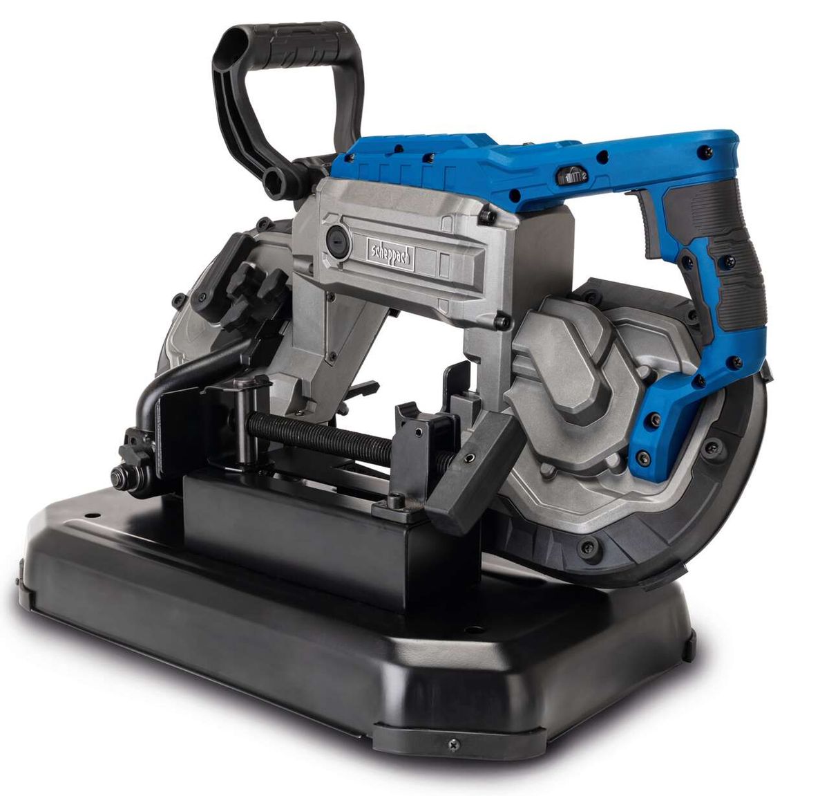 Metallbandsäge MBS1200xt Scheppach, seitliche Ansicht, graue und blaue Maschine mit schwarzem Griff.